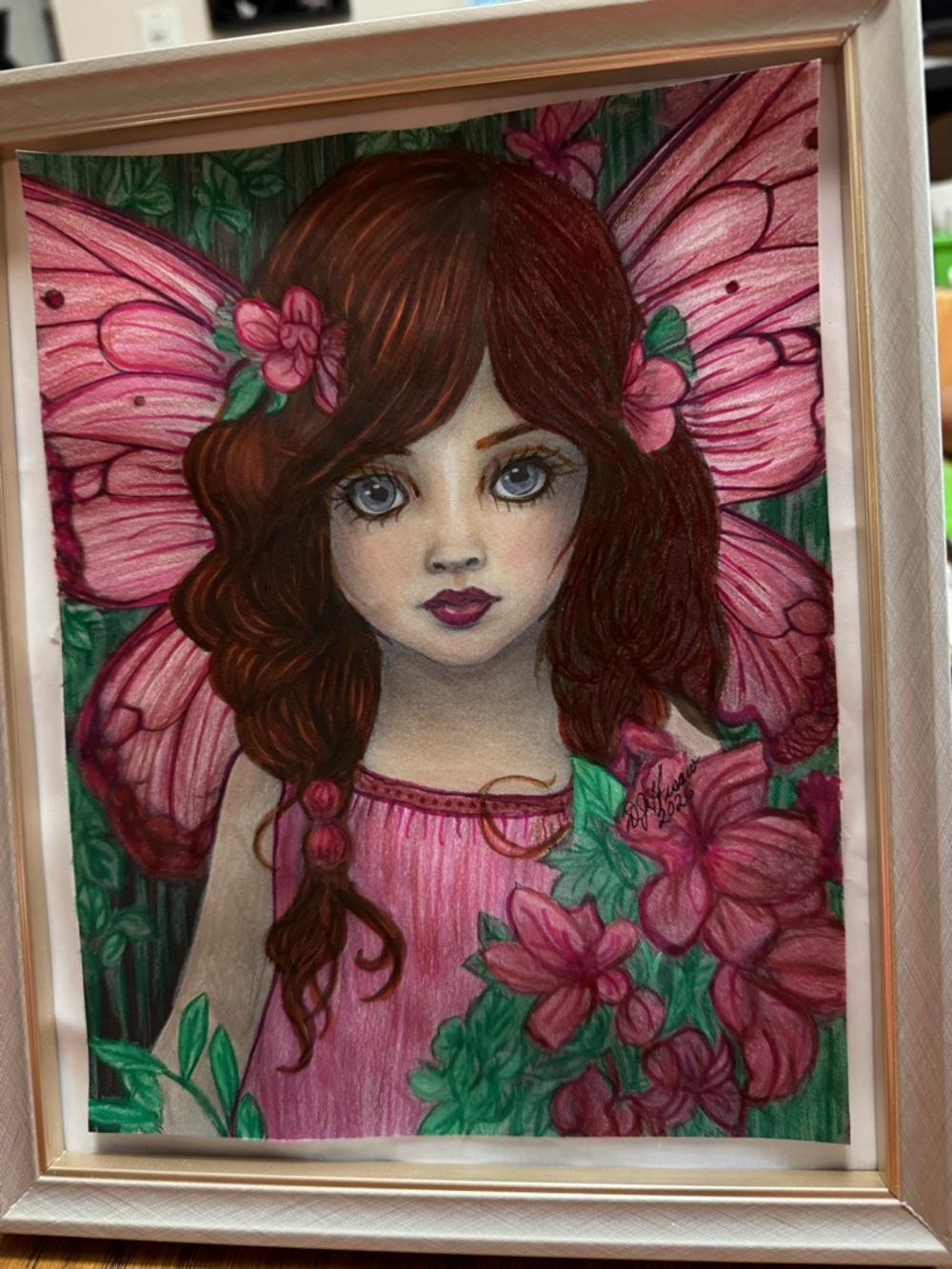 Pink Floral Fairy Girl Art Portrait - Framed Home Wall Decor